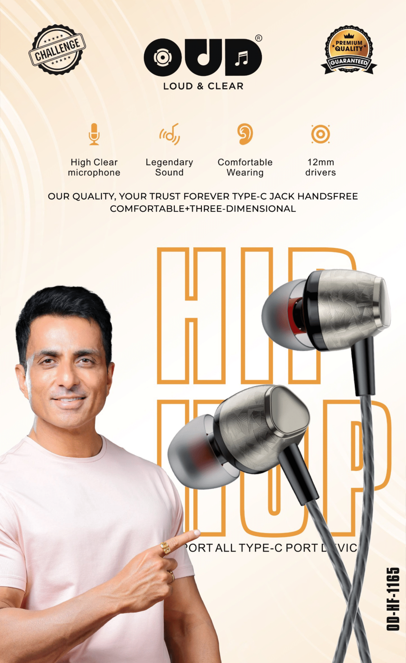 Promotional image of earphones with a man pointing at them, featuring the brand 'OUD'.