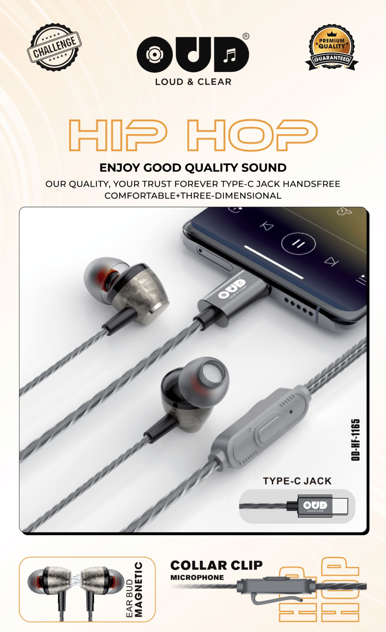 In-ear headphones with Type-C jack and collar clip on a white background, featuring OUD brand.