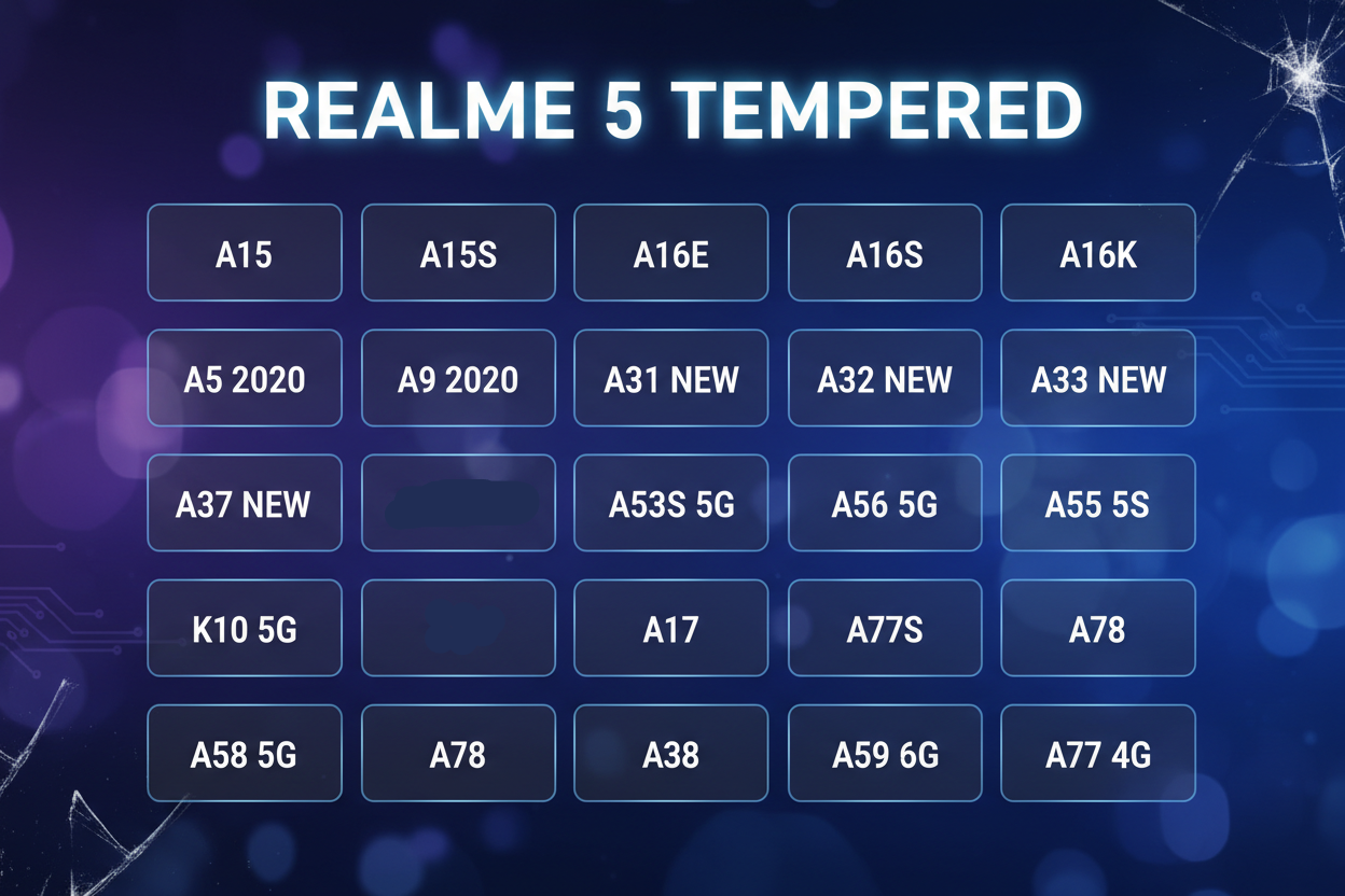 A15 , A 15S , A 16 , A 16E , A 16S  , A 16K , A5 2020 , A9 2020, A57 NEW , A31 NEW , A 32 NEW, A33 NEW , A 54S , A 53S 5G , A 56 5G , A 55 5G , A 55S , A 57 , K 10 5G , A17 , A 17K , A 77S , A18 , A78 , A 58 5G , A38 , A 59 5G , A 77 4G.  make chart from this text with background image with REALME 5 TEMPERED big heading.