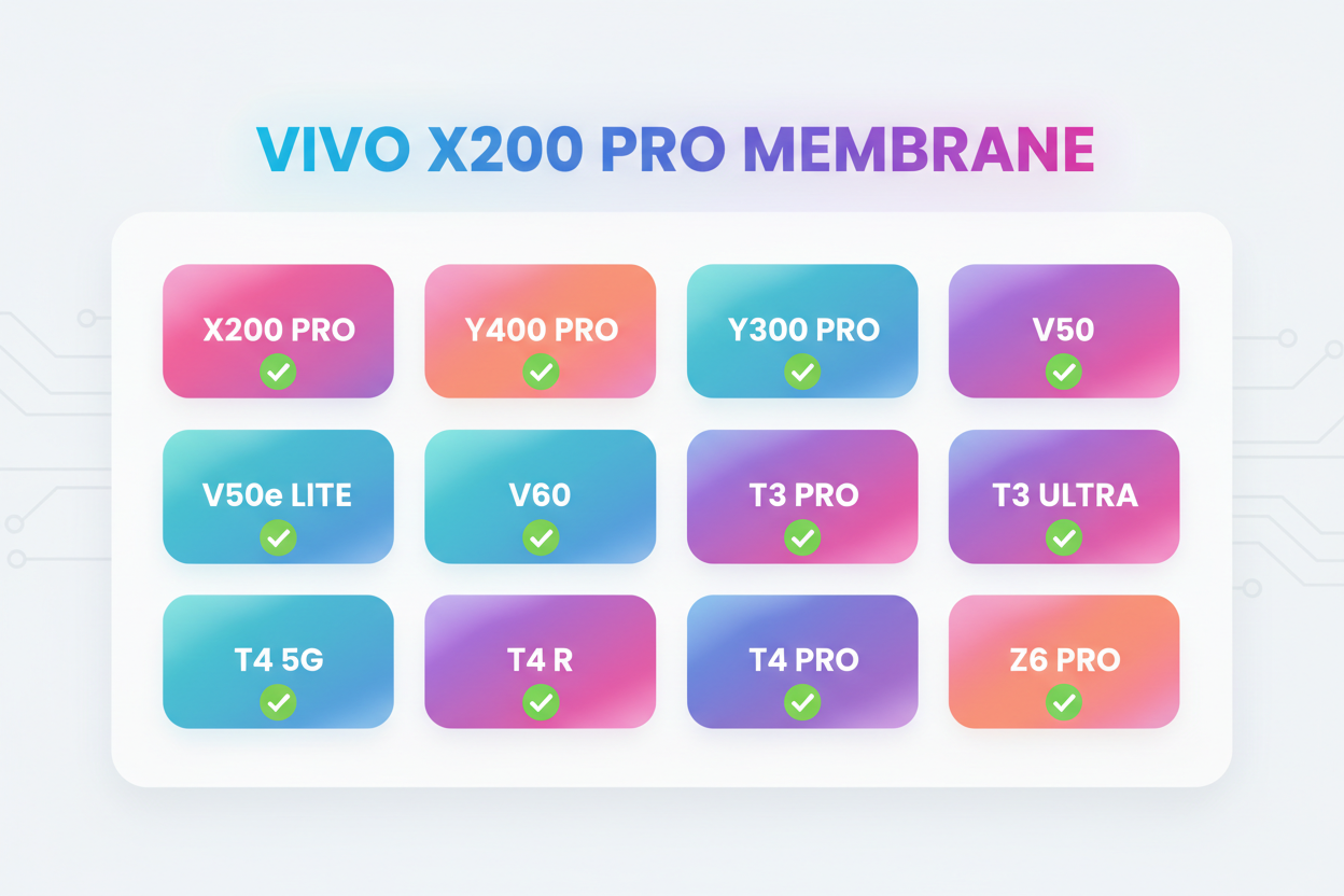 act like expert to generating chart.
 
i need a colorful chart with big heading VIVO X200 PRO MEMBRANE.
 
there are TWELE model will be in this chart.

X200 PRO
Y400 PRO
Y300 PRO
V50
V50e LITE
V60
T3PRO
T3 ULTRA
T4 5G
T4 R
T4 PRO
