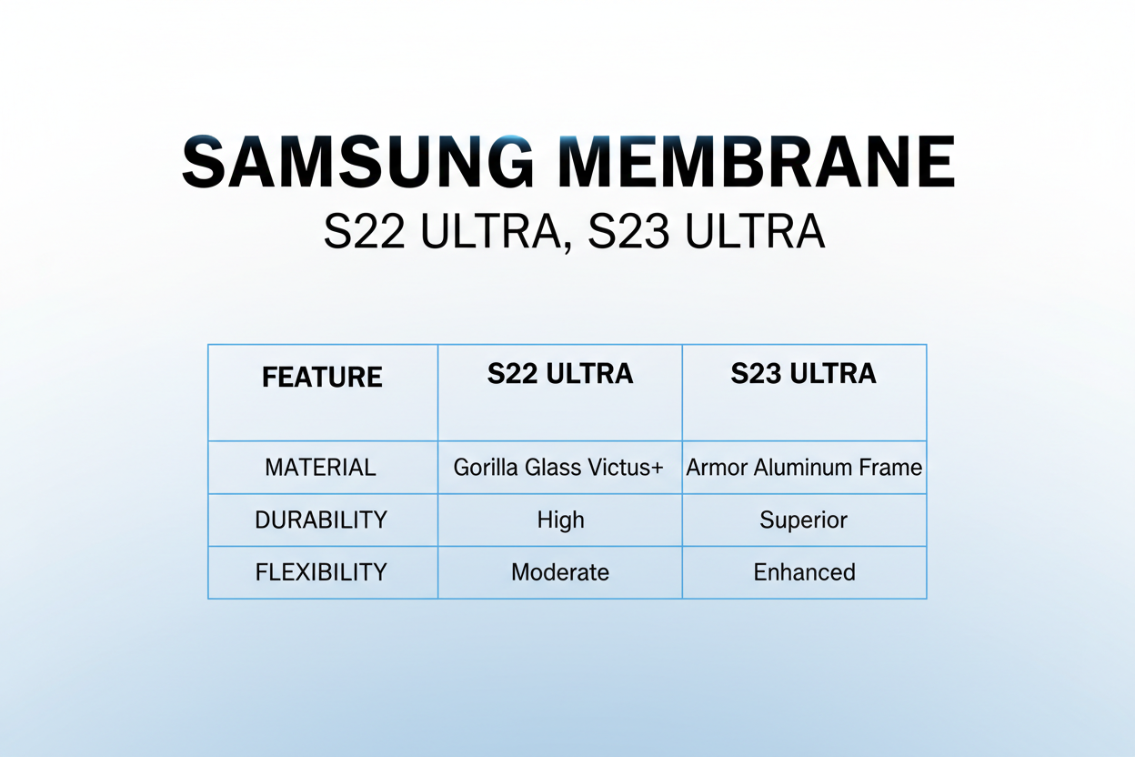 GENRATE A BIG HEDLINE SAMSUNG MEMBRANE UPEER THE PICTURE UNDER SAMSUNG MAMBRANE WROTE S22 ULTRA ,S23 ULTRA LINE A TABLE