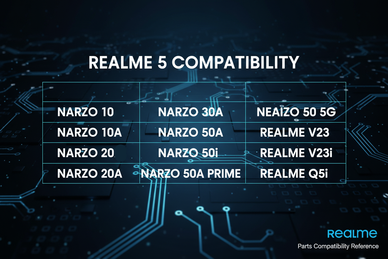  NARZO 10, NARZO 10A, NARZO 20, NARZO 20A, NARZO 30A, NARZO 50A, NARZO 50i, NARZO 50A PRIME, NARZO  50 5G, REALME V23 , REALME V23i, REALME Q5i.  Creat image in chart from this text with background image with REALME 5 COMPATIBILITY big heading.
