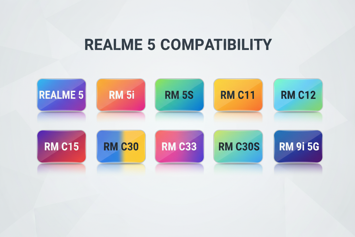REALME 5/ RM 5i/ RM 5S/ RM C11/ RM C12/ RM C15/ RM C30/ RM C33/ RM C30S/ RM 9i 5G. Highlight this all text with colour background. with REALME 5 compatibility heading. 