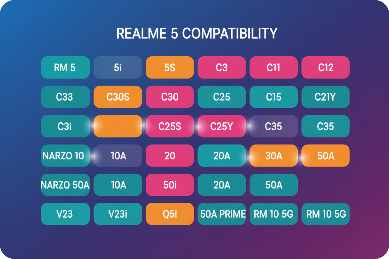 RM 5/5i/5S/C3/C11/C12/C33/C30S/C30/C25/C15/C21Y/C3i/C25S/C25Y/C35/ NARZO 10/10A/20/20A/30A/50A/50i/50A PRIME/ 50 5G/RM V23 /V23i/Q5i/RM 10 5G/ 
make chartfrom this text with colour background image with REALME 5 compitiblity heading.