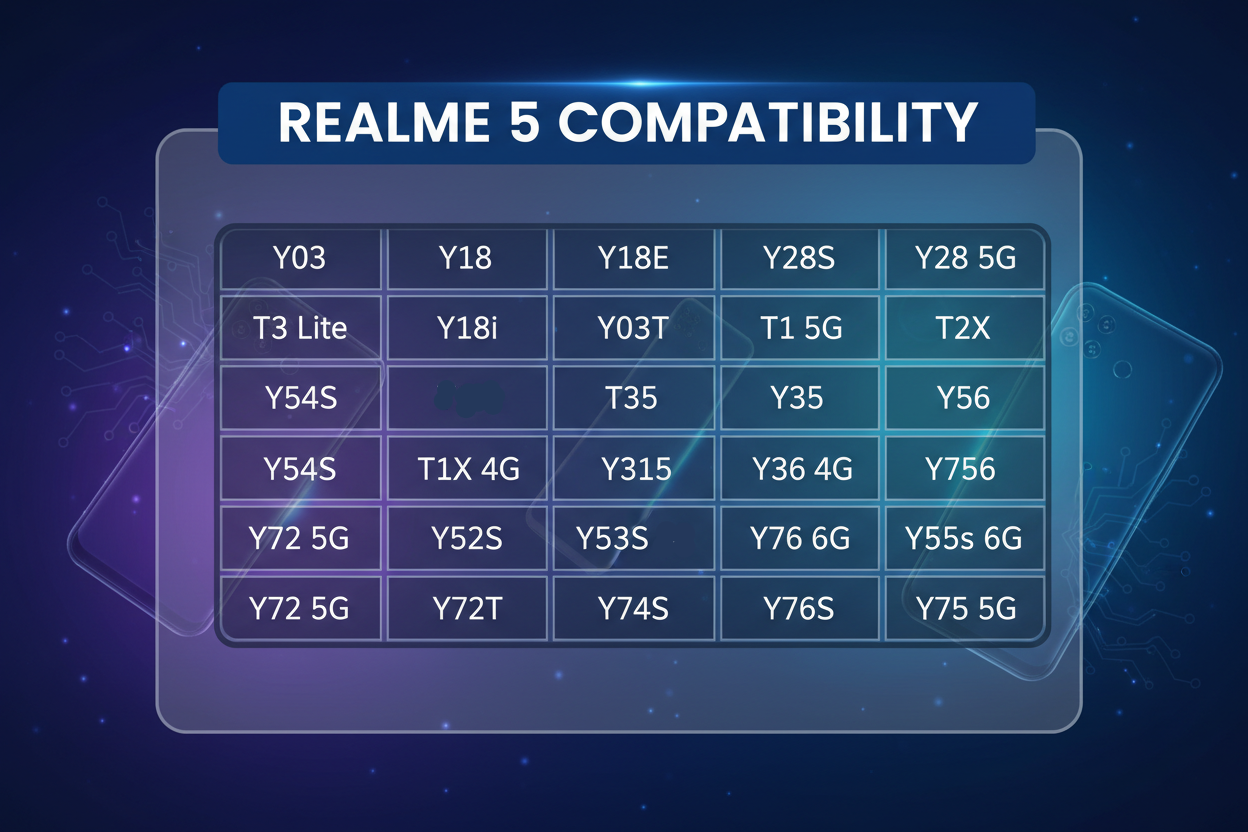 Y03, Y18, Y18E, Y28S, Y28 5G, T3 Lite, Y18i, Y03T, T1 5G, T2X, Y54S, T1X 4G, Y35, Y36 4G, , Y56, Y52 5G, Y52S, Y53S 4G, Y76 5G , Y55s 5G, Y72 5G, Y72T, Y74S, Y76S, Y75 5G.      make chart from this text with background image with REALME 5 compatibility big heading.