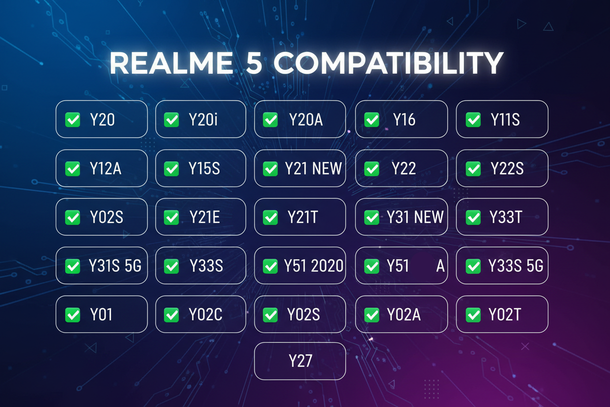 Y20/Y20i/Y20A/Y20G/Y16/Y11S/Y12A/Y12S/Y15S/Y21 NEW/Y22/Y22S/Y02S//Y21E/Y21S/Y21T/Y31 NEW/Y33T/Y31S 5G/Y33S/Y33E/Y51 2020/Y51A/Y33S 5G/Y01/Y15C/Y02/Y02S /Y02A/Y02T/Y27. make chart from this text with background image with REALME 5 compatibility big heading.